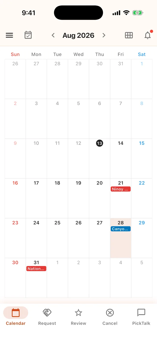 Your home calendar after approval — bookings and schedules in one view