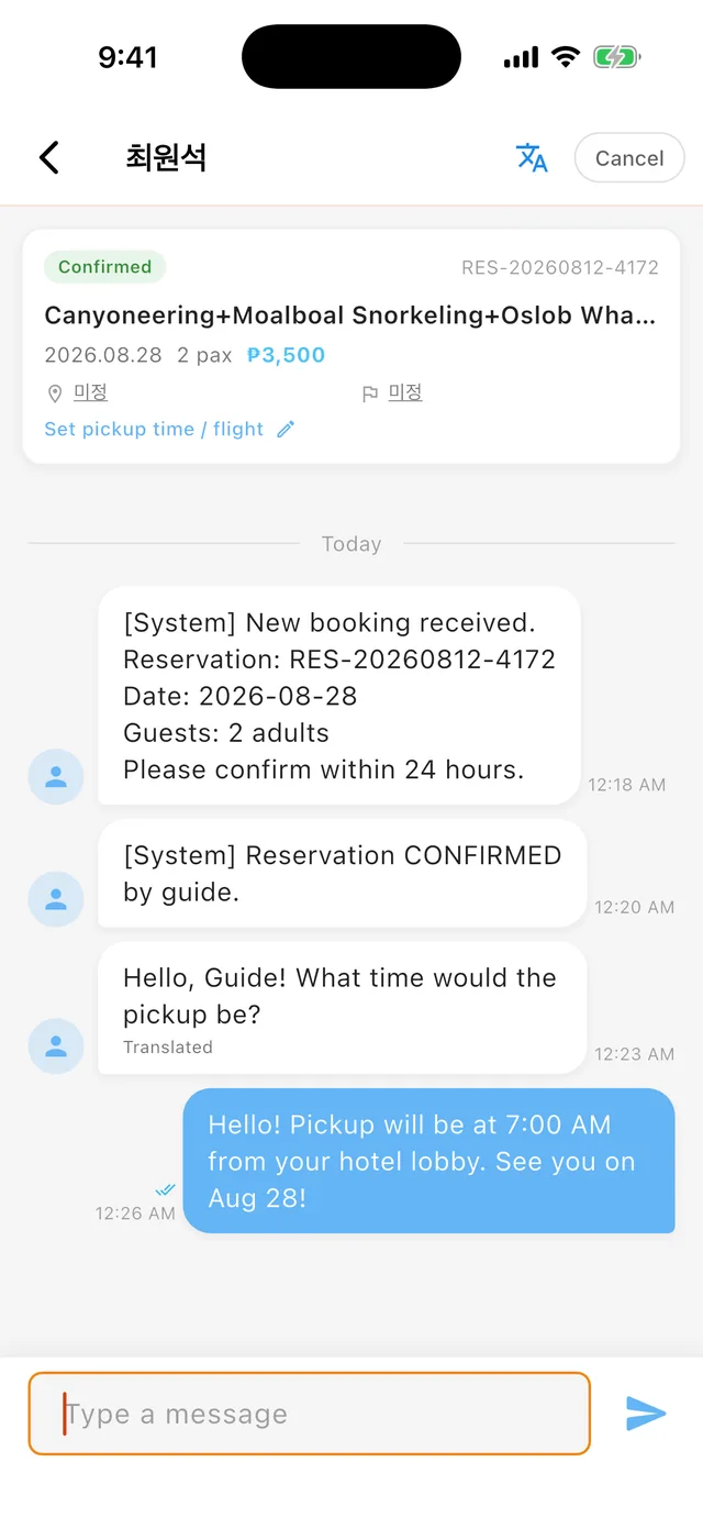 PickTalk — the traveler's Korean message shown in English with a Translated label, plus read receipts