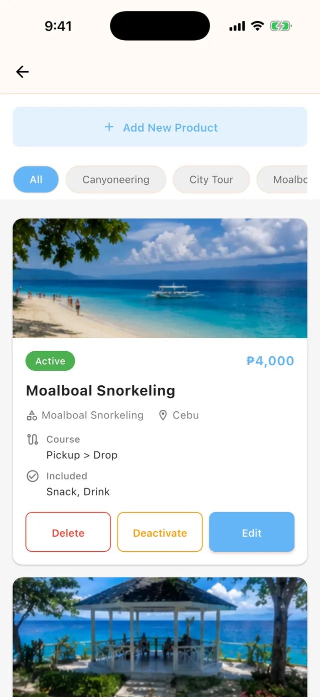 Product Management — your tours with status, price, and quick actions