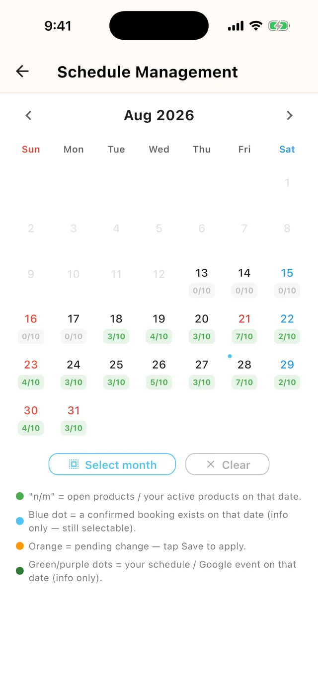 Schedule Management — each cell shows open/total products per day