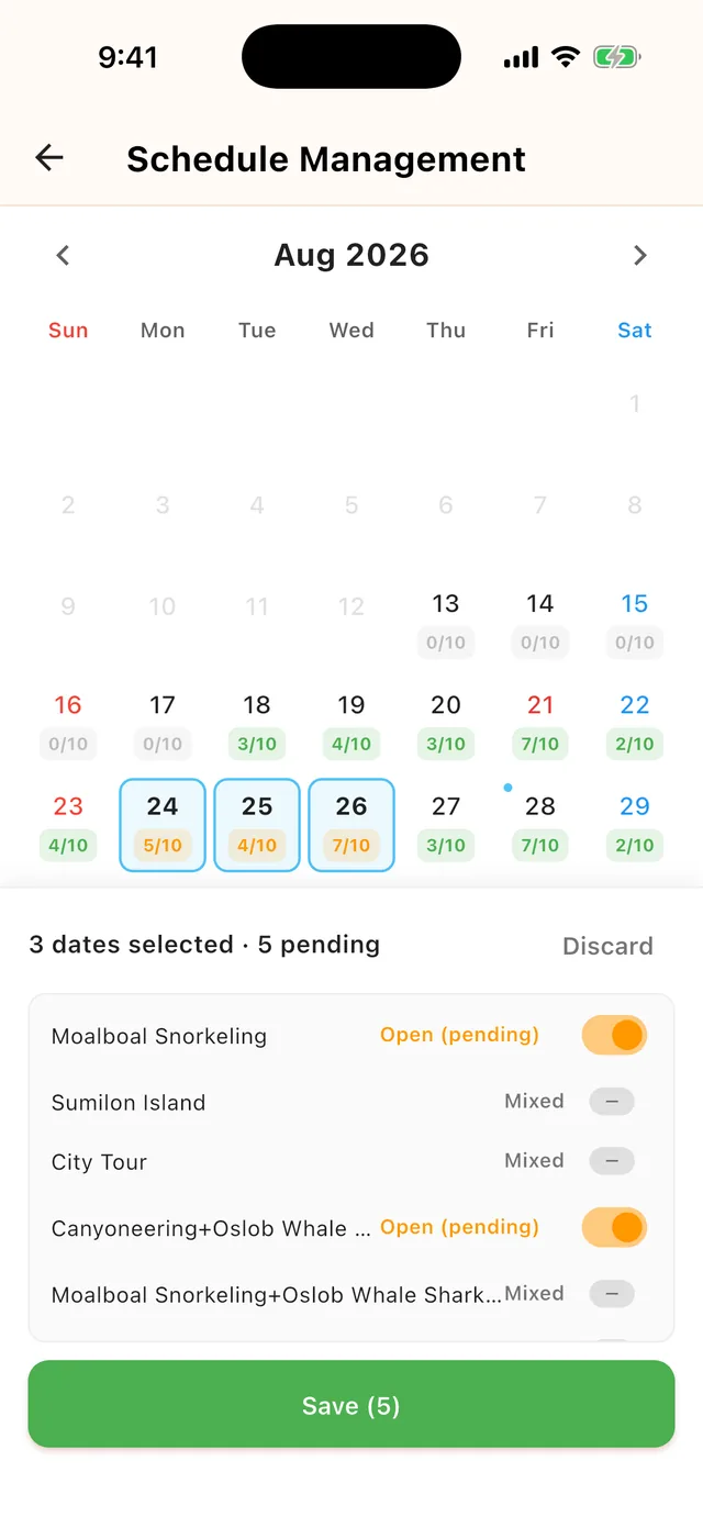 Select dates, flip the product switch, then Save